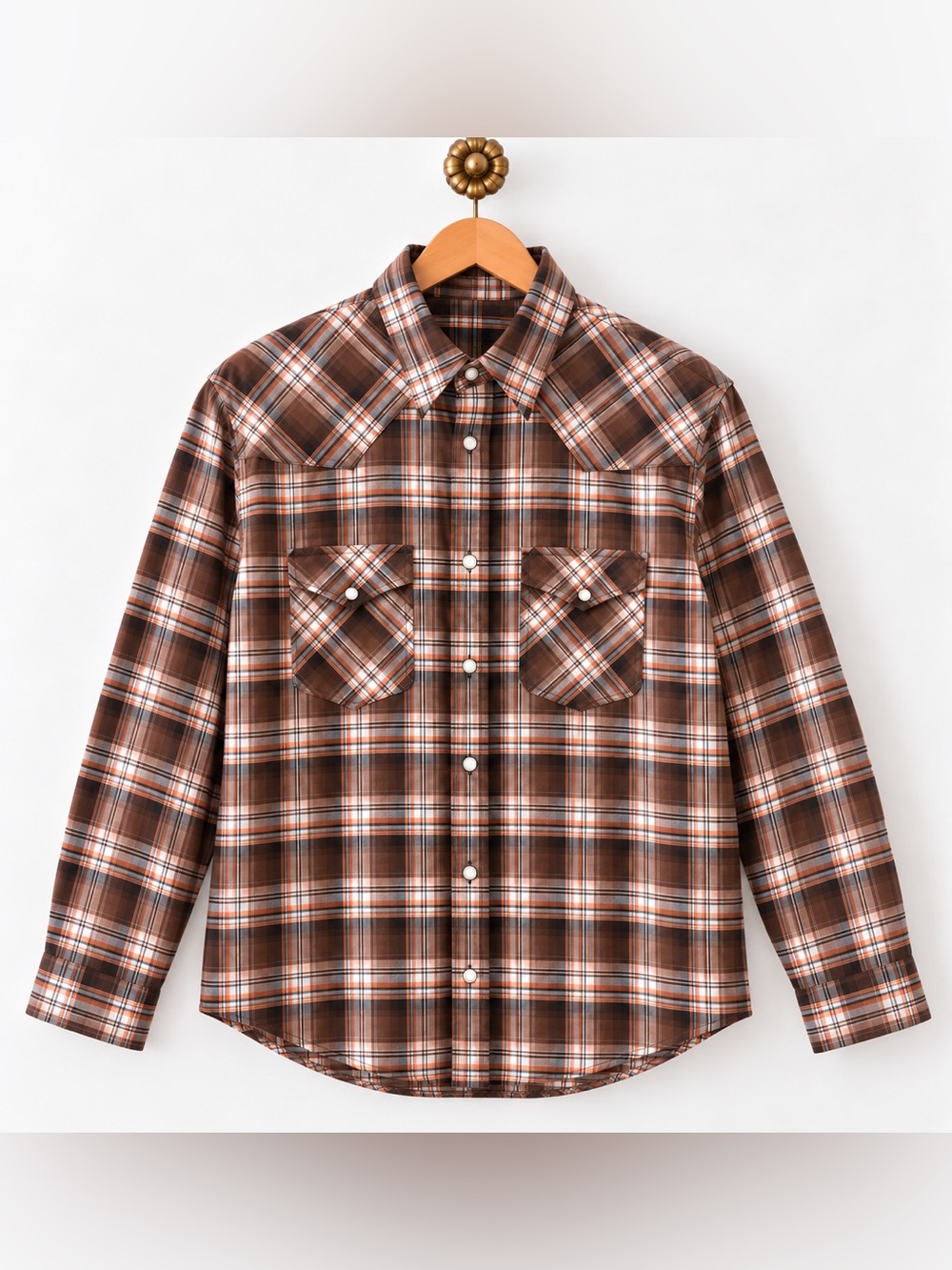Old Navy Men’s Large Brown Plaid Western Pearl Snap Long Sleeve Shirt